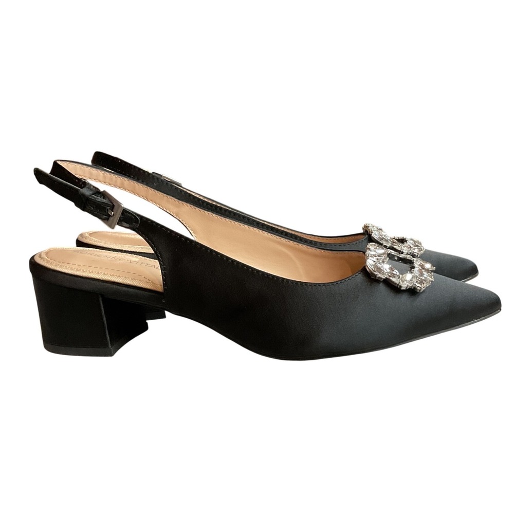 Adrienne Vittadini Women's Rhinestone Pointed Toe Block Heel Sling Back Size 8.5